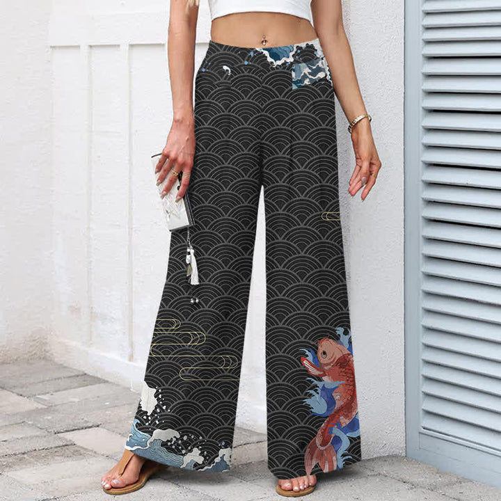 Buddha Stones Damenhose mit weitem Bein, elastischem Bund und Taschen, Baumwoll-Leinen-Mischgewebe mit Koi-Fisch-Wellenmuster und Koi-Fischmotiv - image 5