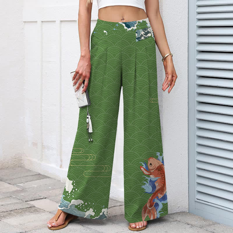 Buddha Stones Damenhose mit weitem Bein, elastischem Bund und Taschen, Baumwoll-Leinen-Mischgewebe mit Koi-Fisch-Wellenmuster und Koi-Fischmotiv - image 7