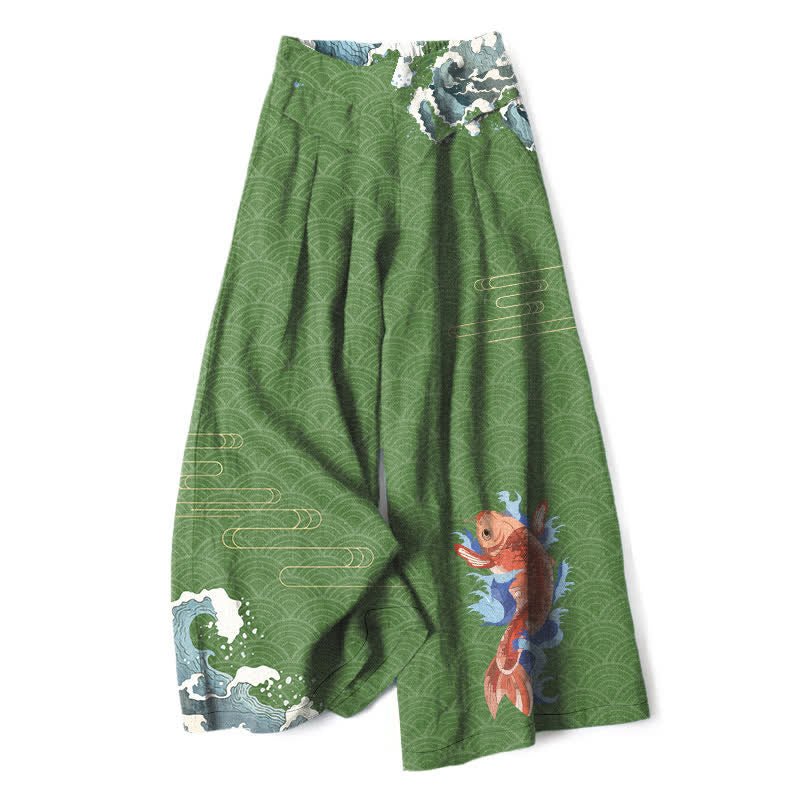 Buddha Stones Damenhose mit weitem Bein, elastischem Bund und Taschen, Baumwoll-Leinen-Mischgewebe mit Koi-Fisch-Wellenmuster und Koi-Fischmotiv - Waldgrün - US16, UK/AU20, EU48 (3XL) - image 6