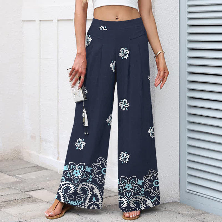 Buddha Stones Damenhose aus Baumwoll-Leinen-Mischgewebe mit floralem Boho-Muster, elastischem Bund, weitem Bein und Taschen - image 1