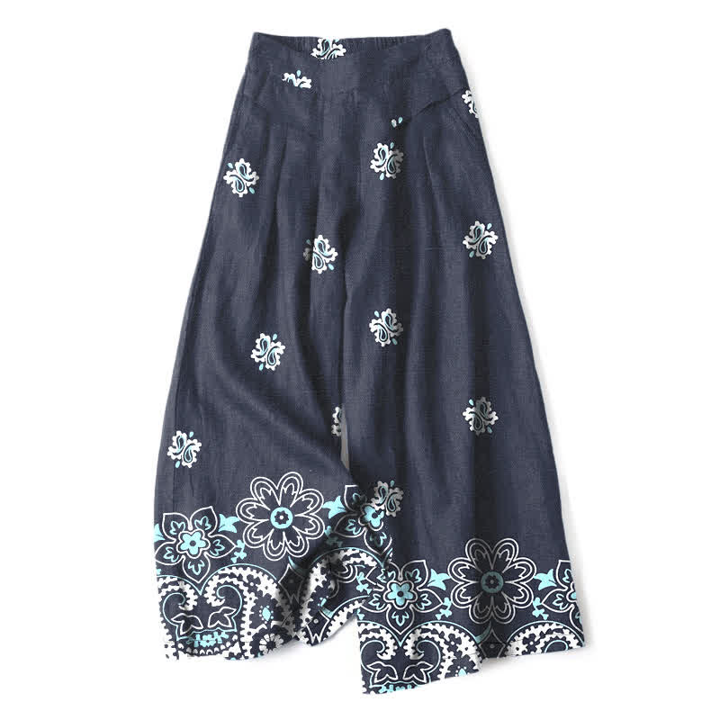 Buddha Stones Damenhose aus Baumwoll-Leinen-Mischgewebe mit floralem Boho-Muster, elastischem Bund, weitem Bein und Taschen - Marine - US16, UK/AU20, EU48 (3XL) - image 0