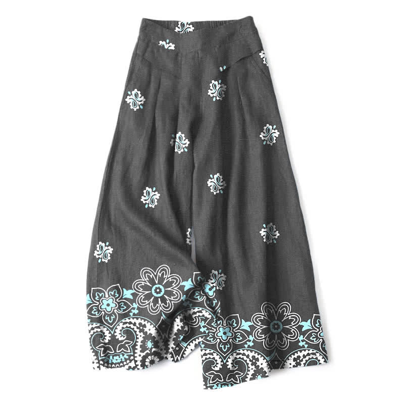 Buddha Stones Damenhose aus Baumwoll-Leinen-Mischgewebe mit floralem Boho-Muster, elastischem Bund, weitem Bein und Taschen - DimGray - US16, UK/AU20, EU48 (3XL) - image 4