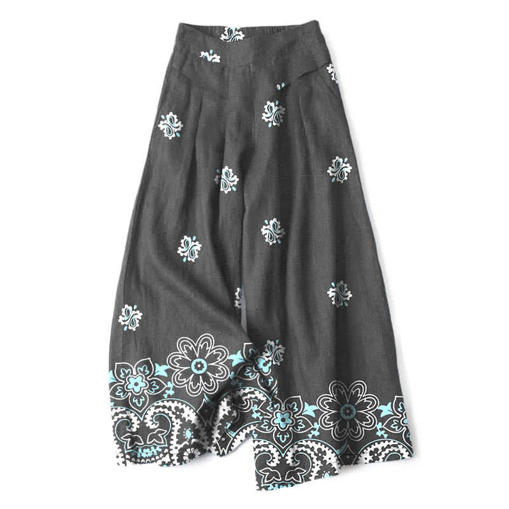 Buddha Stones Damenhose aus Baumwoll-Leinen-Mischgewebe mit floralem Boho-Muster, elastischem Bund, weitem Bein und Taschen - DimGray - US16, UK/AU20, EU48 (3XL) - image 4