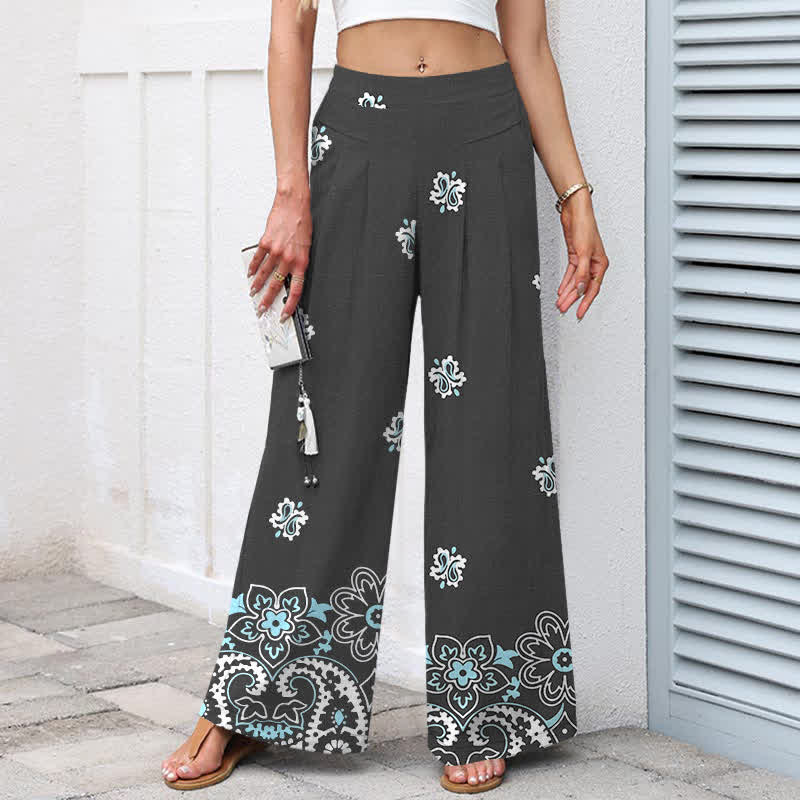 Buddha Stones Damenhose aus Baumwoll-Leinen-Mischgewebe mit floralem Boho-Muster, elastischem Bund, weitem Bein und Taschen - image 5