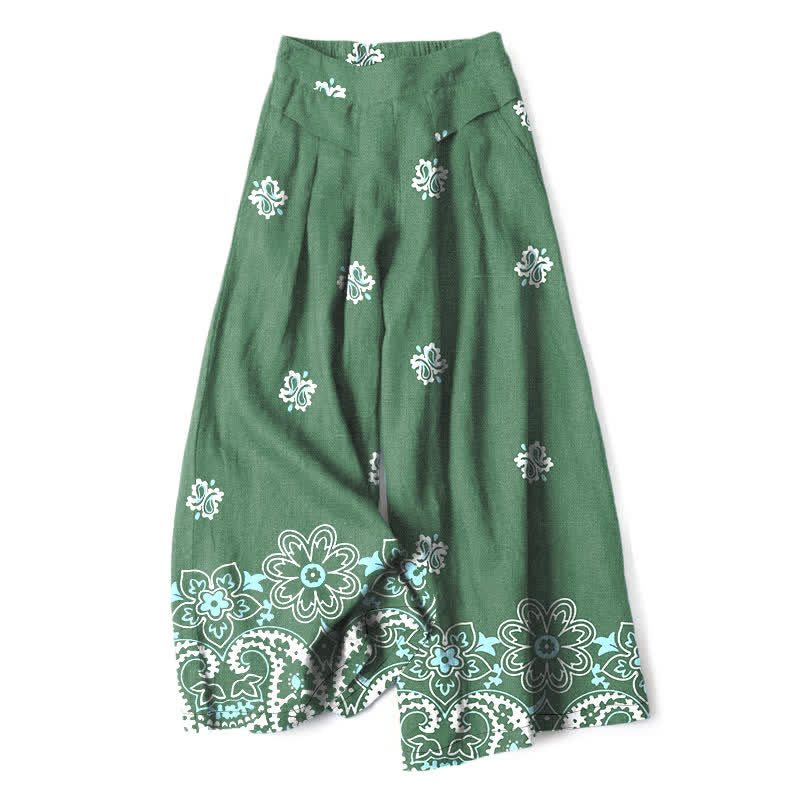 Buddha Stones Damenhose aus Baumwoll-Leinen-Mischgewebe mit floralem Boho-Muster, elastischem Bund, weitem Bein und Taschen - Mittelseegrün - US16, UK/AU20, EU48 (3XL) - image 6