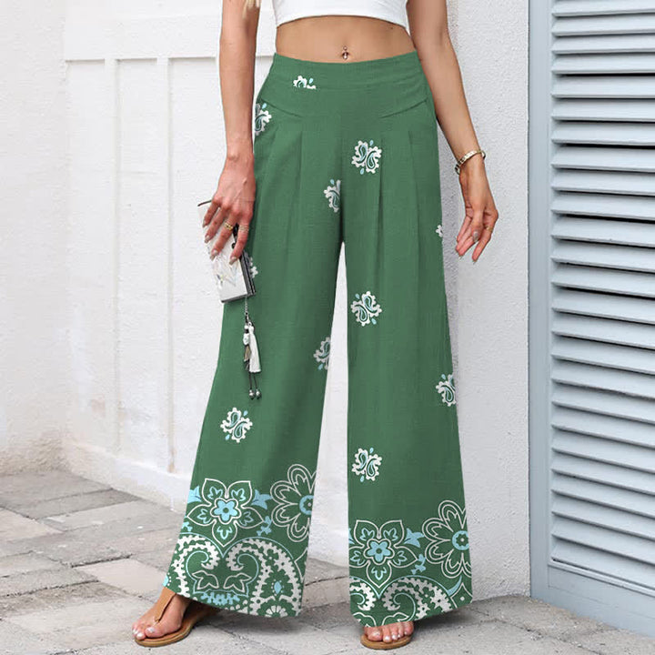 Buddha Stones Damenhose aus Baumwoll-Leinen-Mischgewebe mit floralem Boho-Muster, elastischem Bund, weitem Bein und Taschen - image 7