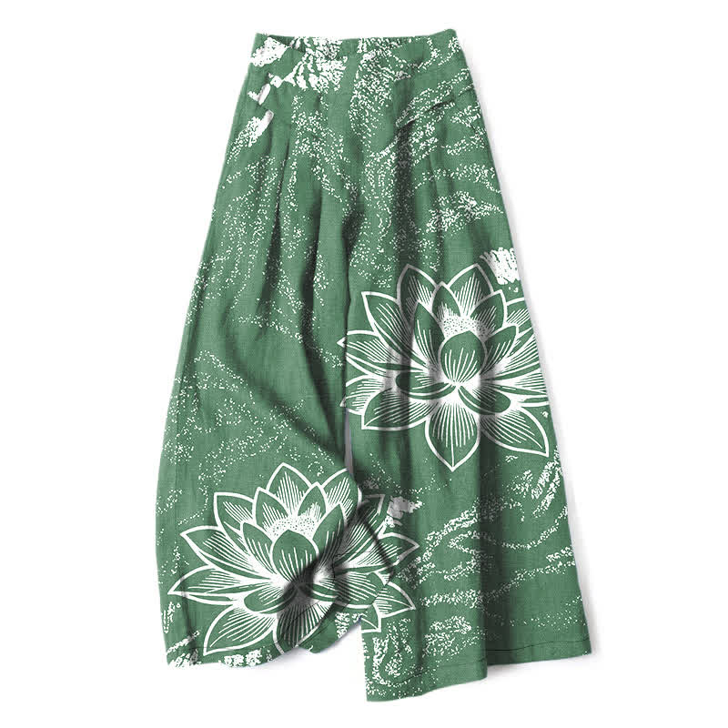 Buddha Stones Baumwoll-Leinen-Hose mit Lotusblumenmuster, elastischem Bund, weitem Bein und Taschen - SeaGreen - US16, UK/AU20, EU48 (3XL) - image 0