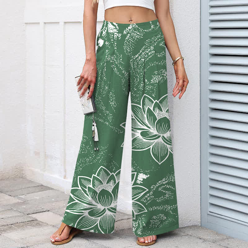 Buddha Stones Baumwoll-Leinen-Hose mit Lotusblumenmuster, elastischem Bund, weitem Bein und Taschen - image 1