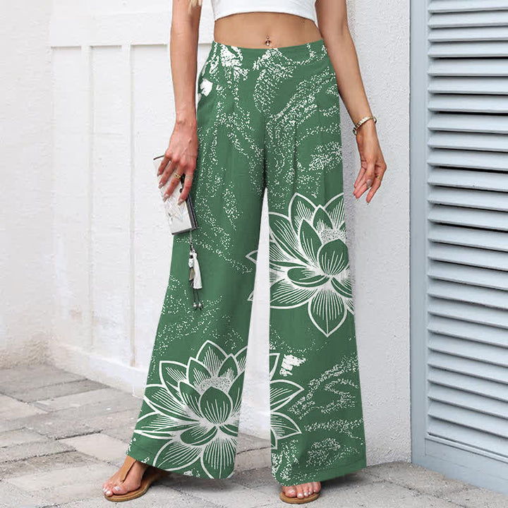Buddha Stones Baumwoll-Leinen-Hose mit Lotusblumenmuster, elastischem Bund, weitem Bein und Taschen - image 1
