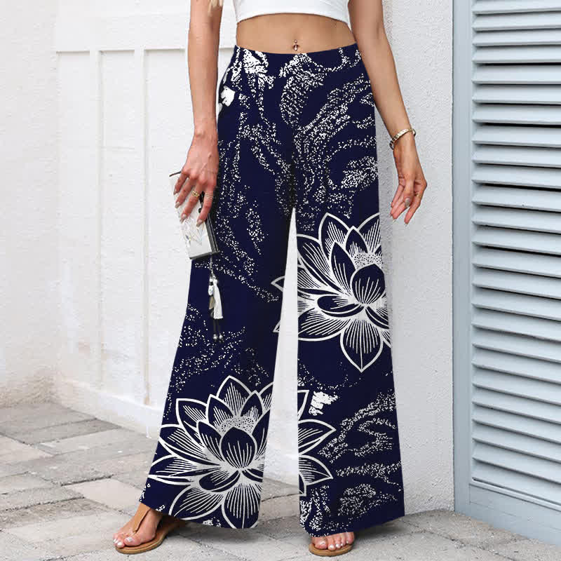 Buddha Stones Baumwoll-Leinen-Hose mit Lotusblumenmuster, elastischem Bund, weitem Bein und Taschen - image 5