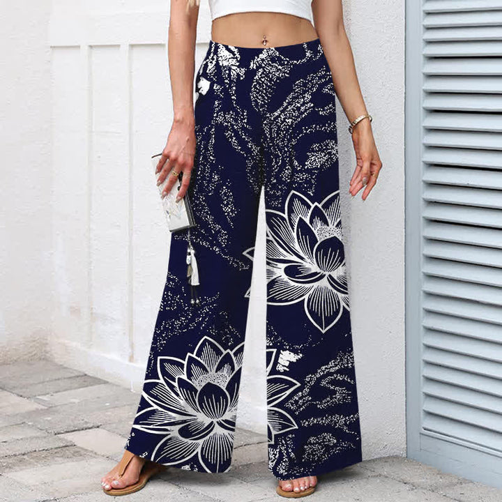 Buddha Stones Baumwoll-Leinen-Hose mit Lotusblumenmuster, elastischem Bund, weitem Bein und Taschen - image 5
