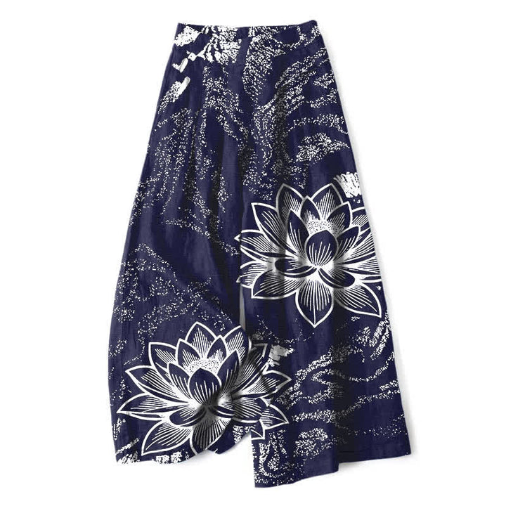 Buddha Stones Baumwoll-Leinen-Hose mit Lotusblumenmuster, elastischem Bund, weitem Bein und Taschen - Marine - US16, UK/AU20, EU48 (3XL) - image 4