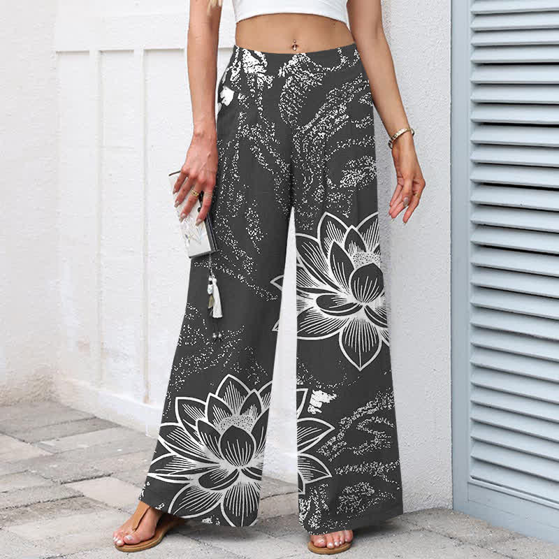 Buddha Stones Baumwoll-Leinen-Hose mit Lotusblumenmuster, elastischem Bund, weitem Bein und Taschen - image 7