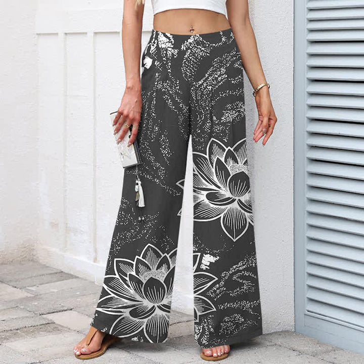 Buddha Stones Baumwoll-Leinen-Hose mit Lotusblumenmuster, elastischem Bund, weitem Bein und Taschen - image 7