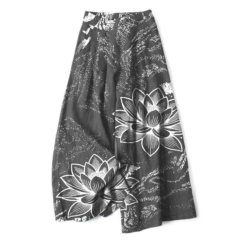 Buddha Stones Baumwoll-Leinen-Hose mit Lotusblumenmuster, elastischem Bund, weitem Bein und Taschen - DimGray - US16, UK/AU20, EU48 (3XL) - image 6