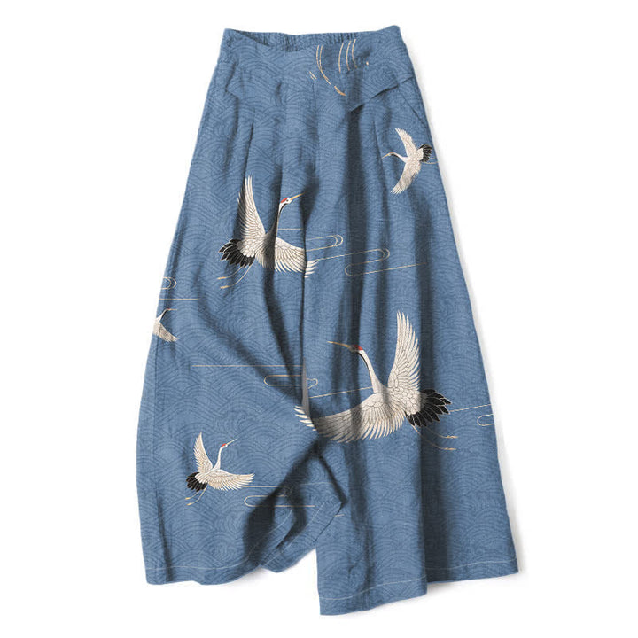 Buddha Stones Baumwoll-Leinen-Hose mit Kranich- und Wellenmuster, Damenhose mit elastischem Bund, weitem Bein und Taschen - SteelBlue - US16, UK/AU20, EU48 (3XL) - image 0