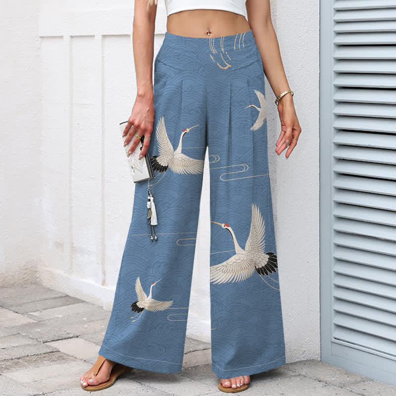 Buddha Stones Baumwoll-Leinen-Hose mit Kranich- und Wellenmuster, Damenhose mit elastischem Bund, weitem Bein und Taschen - image 1
