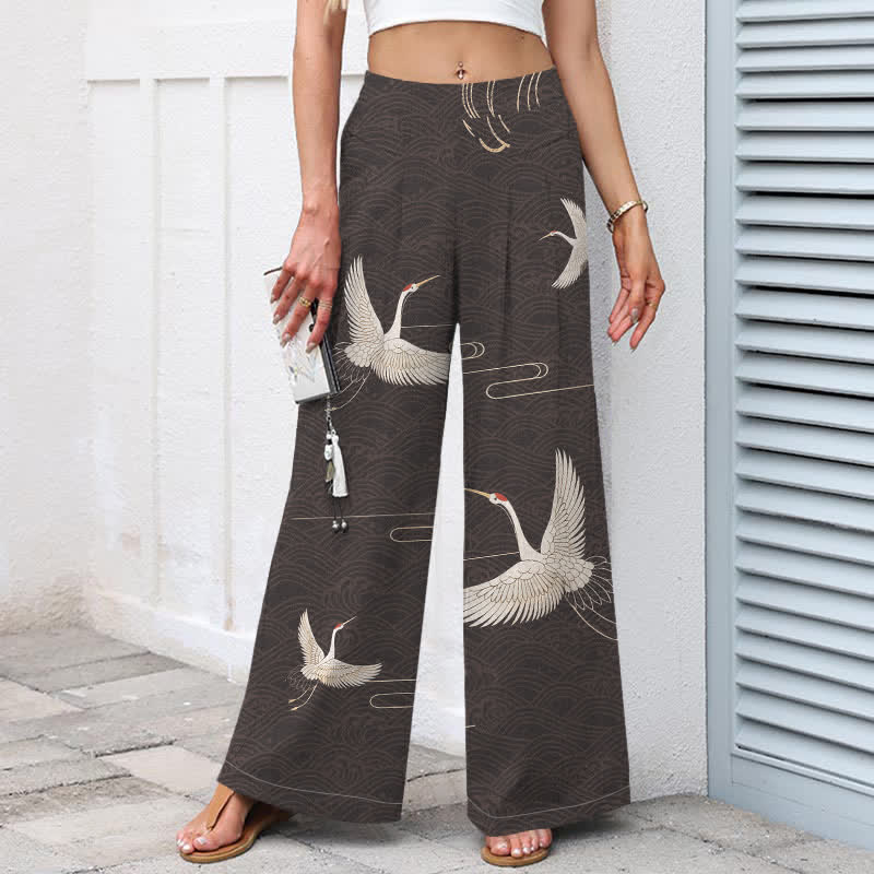 Buddha Stones Baumwoll-Leinen-Hose mit Kranich- und Wellenmuster, Damenhose mit elastischem Bund, weitem Bein und Taschen - image 5