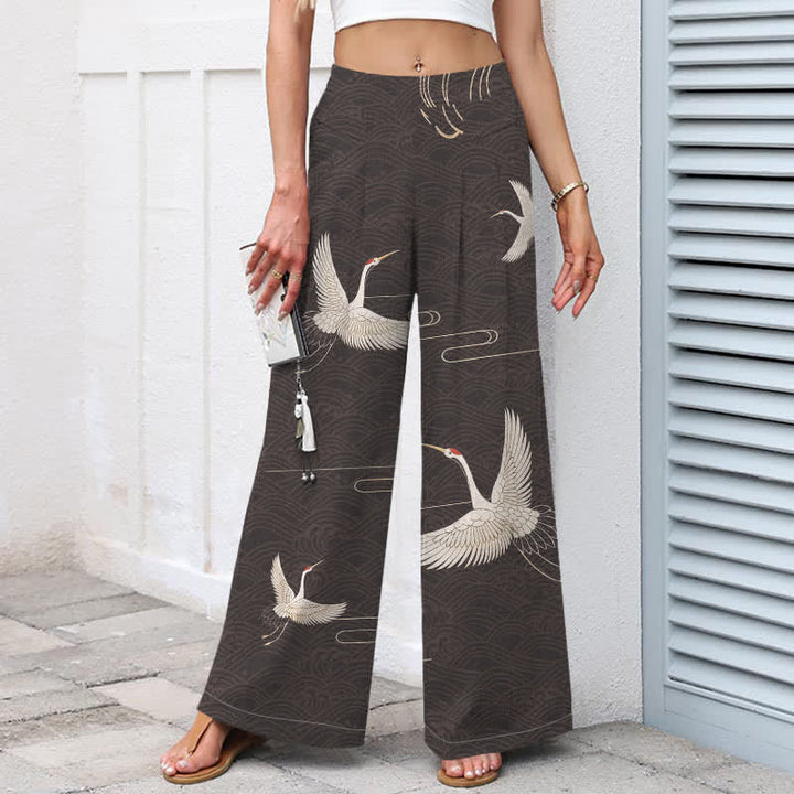 Buddha Stones Baumwoll-Leinen-Hose mit Kranich- und Wellenmuster, Damenhose mit elastischem Bund, weitem Bein und Taschen - image 5