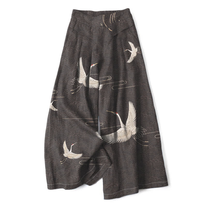 Buddha Stones Baumwoll-Leinen-Hose mit Kranich- und Wellenmuster, Damenhose mit elastischem Bund, weitem Bein und Taschen - DimGray - US16, UK/AU20, EU48 (3XL) - image 4