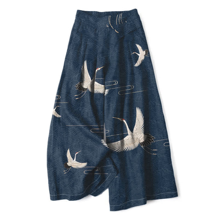 Buddha Stones Baumwoll-Leinen-Hose mit Kranich- und Wellenmuster, Damenhose mit elastischem Bund, weitem Bein und Taschen - Marine - US16, UK/AU20, EU48 (3XL) - image 6