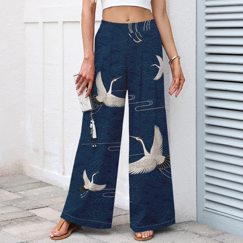 Buddha Stones Baumwoll-Leinen-Hose mit Kranich- und Wellenmuster, Damenhose mit elastischem Bund, weitem Bein und Taschen - image 7