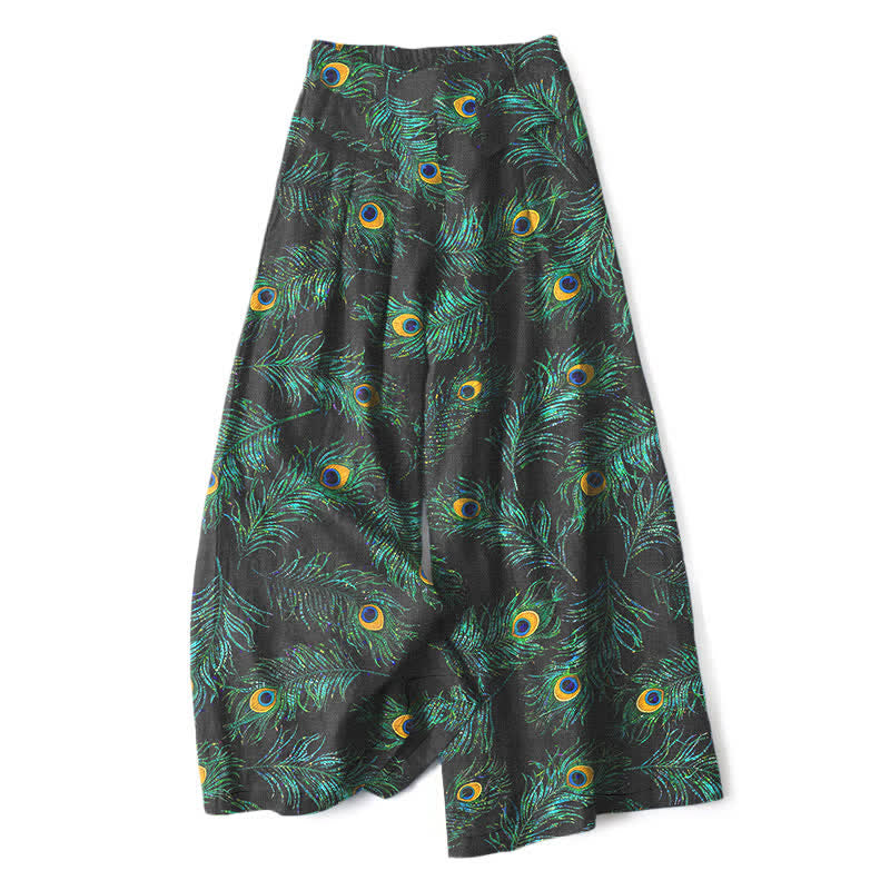 Buddha Stones Damenhose aus Baumwoll-Leinen-Mischgewebe mit Pfauenfedermuster, elastischem Bund, weitem Bein und Taschen - Schwarz - US16, UK/AU20, EU48 (3XL) - image 0