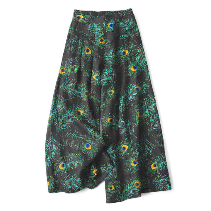 Buddha Stones Damenhose aus Baumwoll-Leinen-Mischgewebe mit Pfauenfedermuster, elastischem Bund, weitem Bein und Taschen - Schwarz - US16, UK/AU20, EU48 (3XL) - image 0
