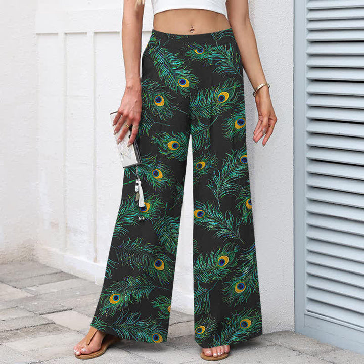 Buddha Stones Damenhose aus Baumwoll-Leinen-Mischgewebe mit Pfauenfedermuster, elastischem Bund, weitem Bein und Taschen - image 1