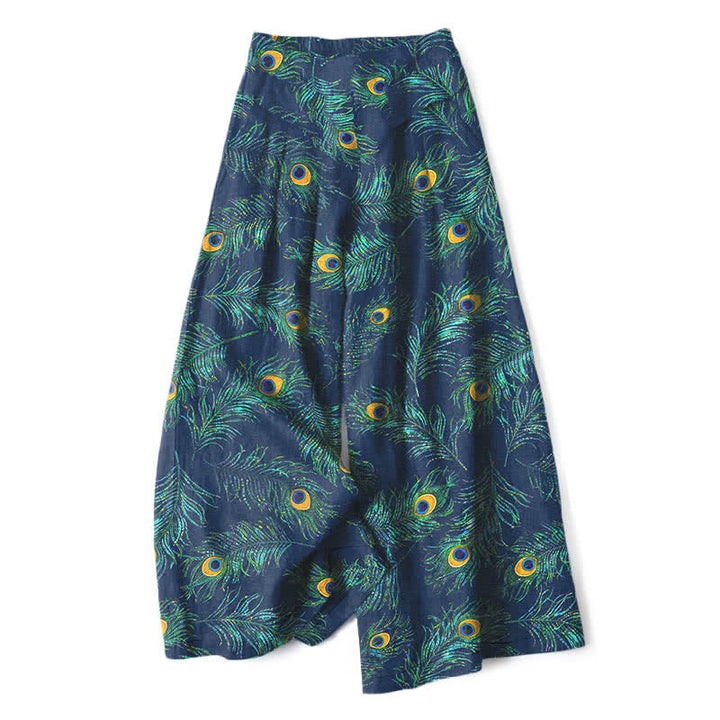 Buddha Stones Damenhose aus Baumwoll-Leinen-Mischgewebe mit Pfauenfedermuster, elastischem Bund, weitem Bein und Taschen - Marine - US16, UK/AU20, EU48 (3XL) - image 4