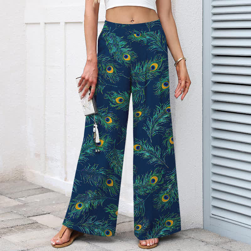 Buddha Stones Damenhose aus Baumwoll-Leinen-Mischgewebe mit Pfauenfedermuster, elastischem Bund, weitem Bein und Taschen - image 5