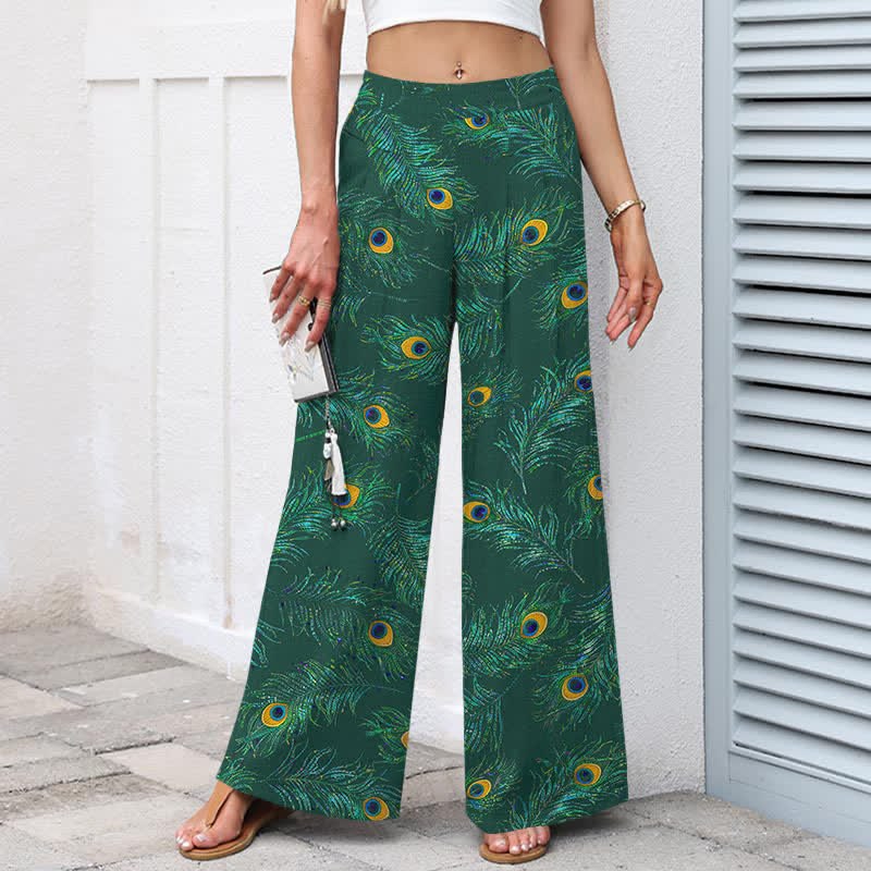 Buddha Stones Damenhose aus Baumwoll-Leinen-Mischgewebe mit Pfauenfedermuster, elastischem Bund, weitem Bein und Taschen - image 7