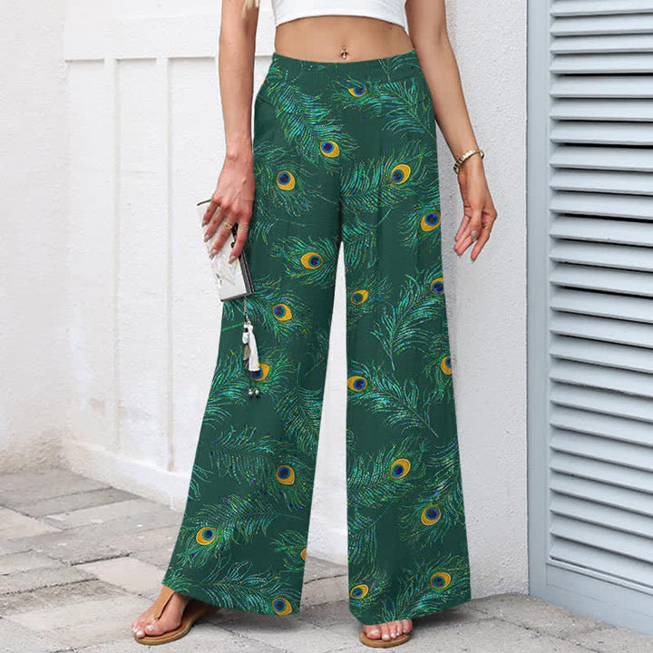 Buddha Stones Damenhose aus Baumwoll-Leinen-Mischgewebe mit Pfauenfedermuster, elastischem Bund, weitem Bein und Taschen - image 7