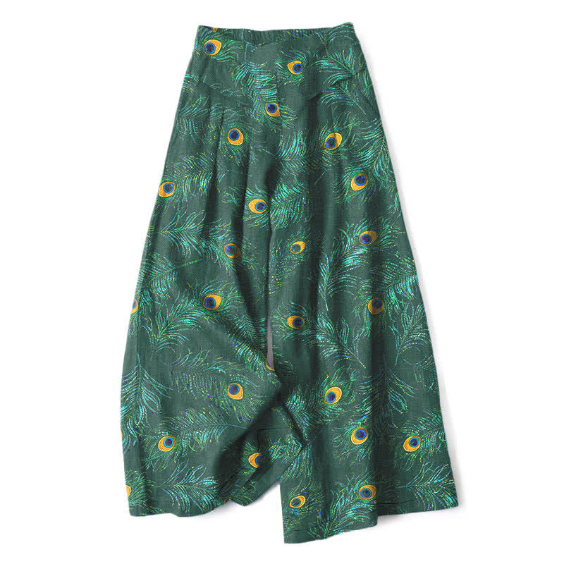 Buddha Stones Damenhose aus Baumwoll-Leinen-Mischgewebe mit Pfauenfedermuster, elastischem Bund, weitem Bein und Taschen - Waldgrün - US16, UK/AU20, EU48 (3XL) - image 6
