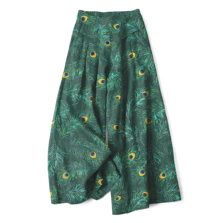 Buddha Stones Damenhose aus Baumwoll-Leinen-Mischgewebe mit Pfauenfedermuster, elastischem Bund, weitem Bein und Taschen - Waldgrün - US16, UK/AU20, EU48 (3XL) - image 6