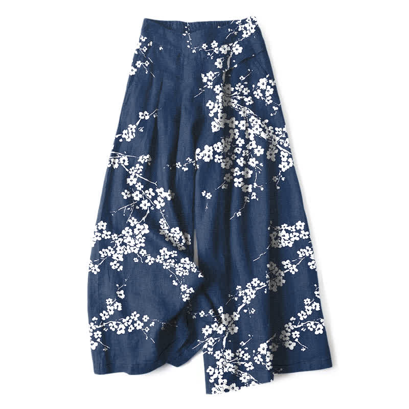 Buddha Stones Weiße Damenhose mit Kirschblütenzweigmuster aus Baumwoll-Leinen-Mischgewebe, elastischem Bund und weitem Bein mit Taschen - Marine - US16, UK/AU20, EU48 (3XL) - image 0
