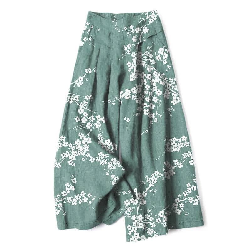 Buddha Stones Weiße Damenhose mit Kirschblütenzweigmuster aus Baumwoll-Leinen-Mischgewebe, elastischem Bund und weitem Bein mit Taschen - Mittelaquamarin - US16, UK/AU20, EU48 (3XL) - image 4