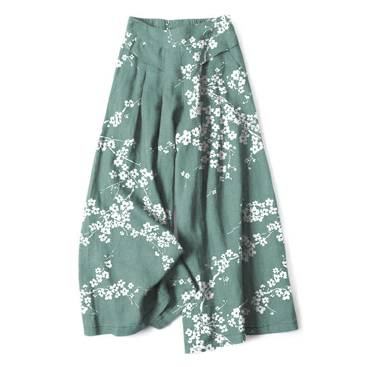 Buddha Stones Weiße Damenhose mit Kirschblütenzweigmuster aus Baumwoll-Leinen-Mischgewebe, elastischem Bund und weitem Bein mit Taschen - Mittelaquamarin - US16, UK/AU20, EU48 (3XL) - image 4