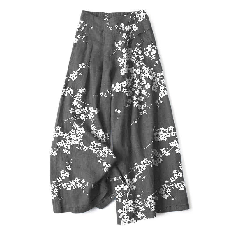 Buddha Stones Weiße Damenhose mit Kirschblütenzweigmuster aus Baumwoll-Leinen-Mischgewebe, elastischem Bund und weitem Bein mit Taschen - DimGray - US16, UK/AU20, EU48 (3XL) - image 6