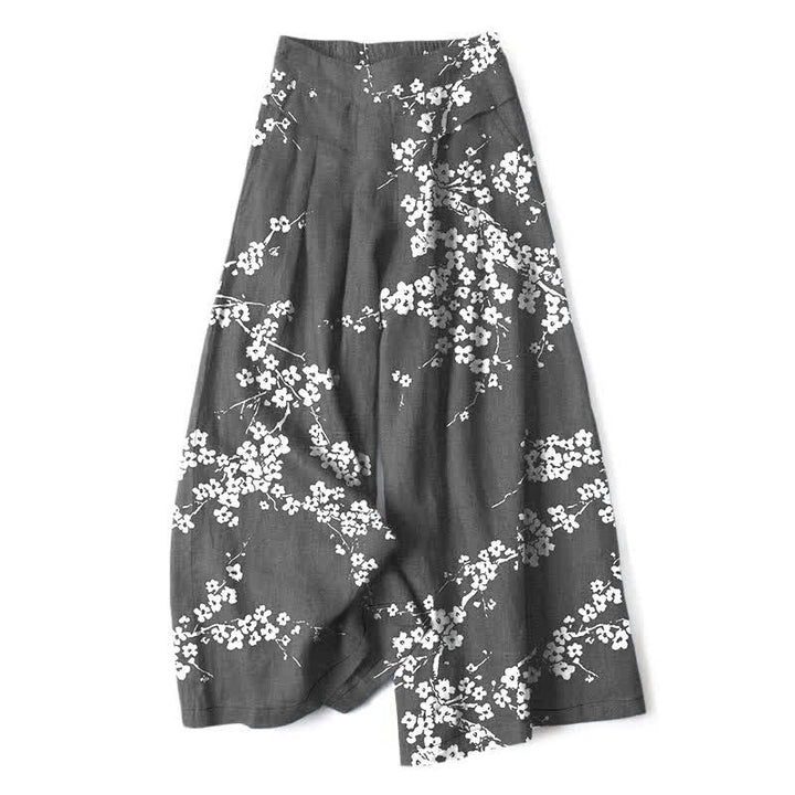 Buddha Stones Weiße Damenhose mit Kirschblütenzweigmuster aus Baumwoll-Leinen-Mischgewebe, elastischem Bund und weitem Bein mit Taschen - DimGray - US16, UK/AU20, EU48 (3XL) - image 6