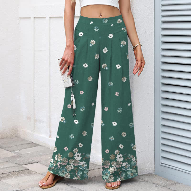 Buddha Stones Baumwoll-Leinen-Hose mit Vintage-Gänseblümchenmuster, elastischem Bund, weitem Bein und Taschen - image 1