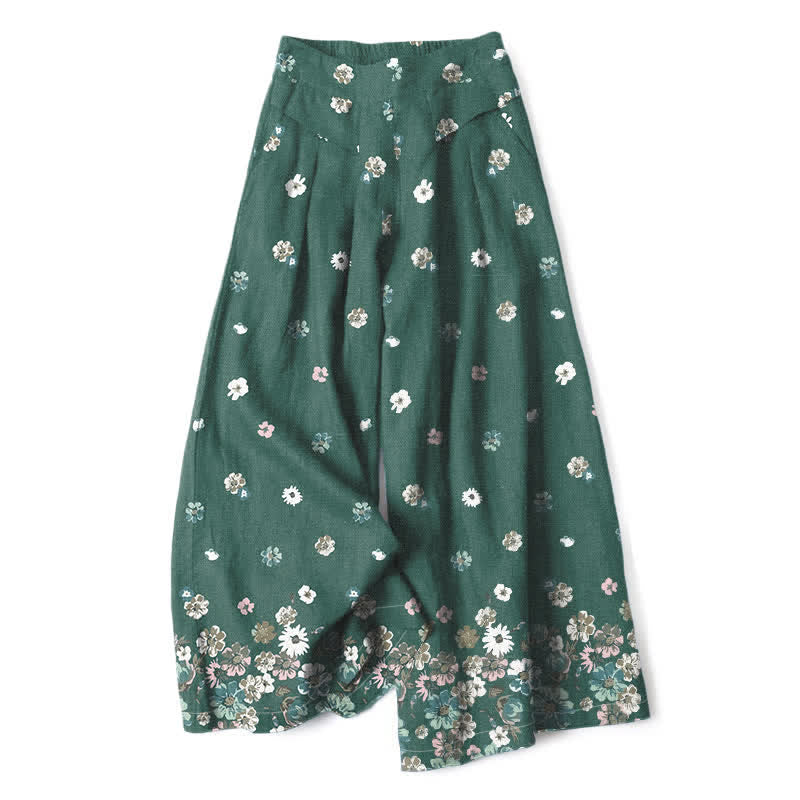 Buddha Stones Baumwoll-Leinen-Hose mit Vintage-Gänseblümchenmuster, elastischem Bund, weitem Bein und Taschen - SeaGreen - US16, UK/AU20, EU48 (3XL) - image 0