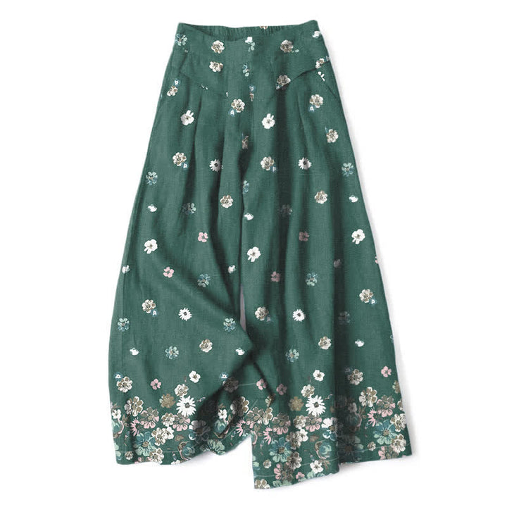 Buddha Stones Baumwoll-Leinen-Hose mit Vintage-Gänseblümchenmuster, elastischem Bund, weitem Bein und Taschen - SeaGreen - US16, UK/AU20, EU48 (3XL) - image 0