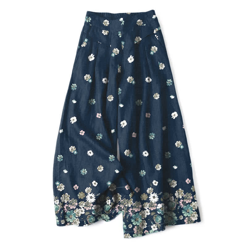 Buddha Stones Baumwoll-Leinen-Hose mit Vintage-Gänseblümchenmuster, elastischem Bund, weitem Bein und Taschen - Marine - US16, UK/AU20, EU48 (3XL) - image 4