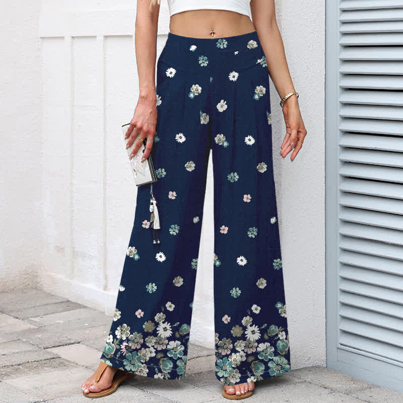 Buddha Stones Baumwoll-Leinen-Hose mit Vintage-Gänseblümchenmuster, elastischem Bund, weitem Bein und Taschen - image 5