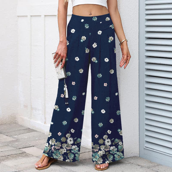 Buddha Stones Baumwoll-Leinen-Hose mit Vintage-Gänseblümchenmuster, elastischem Bund, weitem Bein und Taschen - image 5