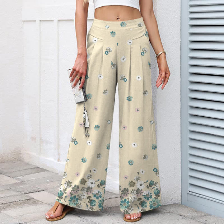 Buddha Stones Baumwoll-Leinen-Hose mit Vintage-Gänseblümchenmuster, elastischem Bund, weitem Bein und Taschen - image 7
