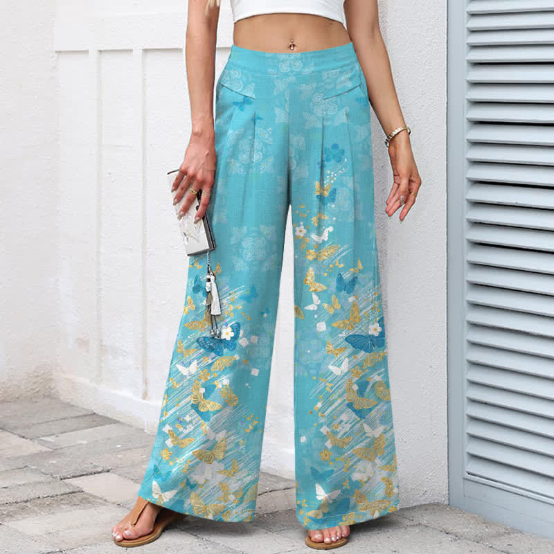 Buddha Stones Damenhose aus Baumwoll-Leinen-Mischgewebe mit floralem und goldenem Schmetterlingsmuster im Boho-Stil, elastischem Bund, weitem Bein und Taschen - image 1