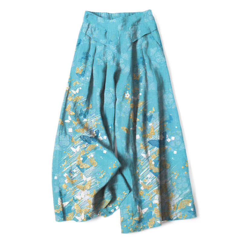 Buddha Stones Damenhose aus Baumwoll-Leinen-Mischgewebe mit floralem und goldenem Schmetterlingsmuster im Boho-Stil, elastischem Bund, weitem Bein und Taschen - Tiefblau - US16, UK/AU20, EU48 (3XL) - image 0