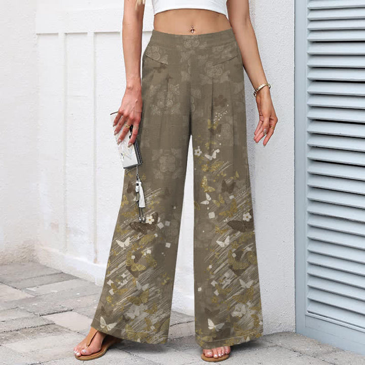 Buddha Stones Damenhose aus Baumwoll-Leinen-Mischgewebe mit floralem und goldenem Schmetterlingsmuster im Boho-Stil, elastischem Bund, weitem Bein und Taschen - image 5